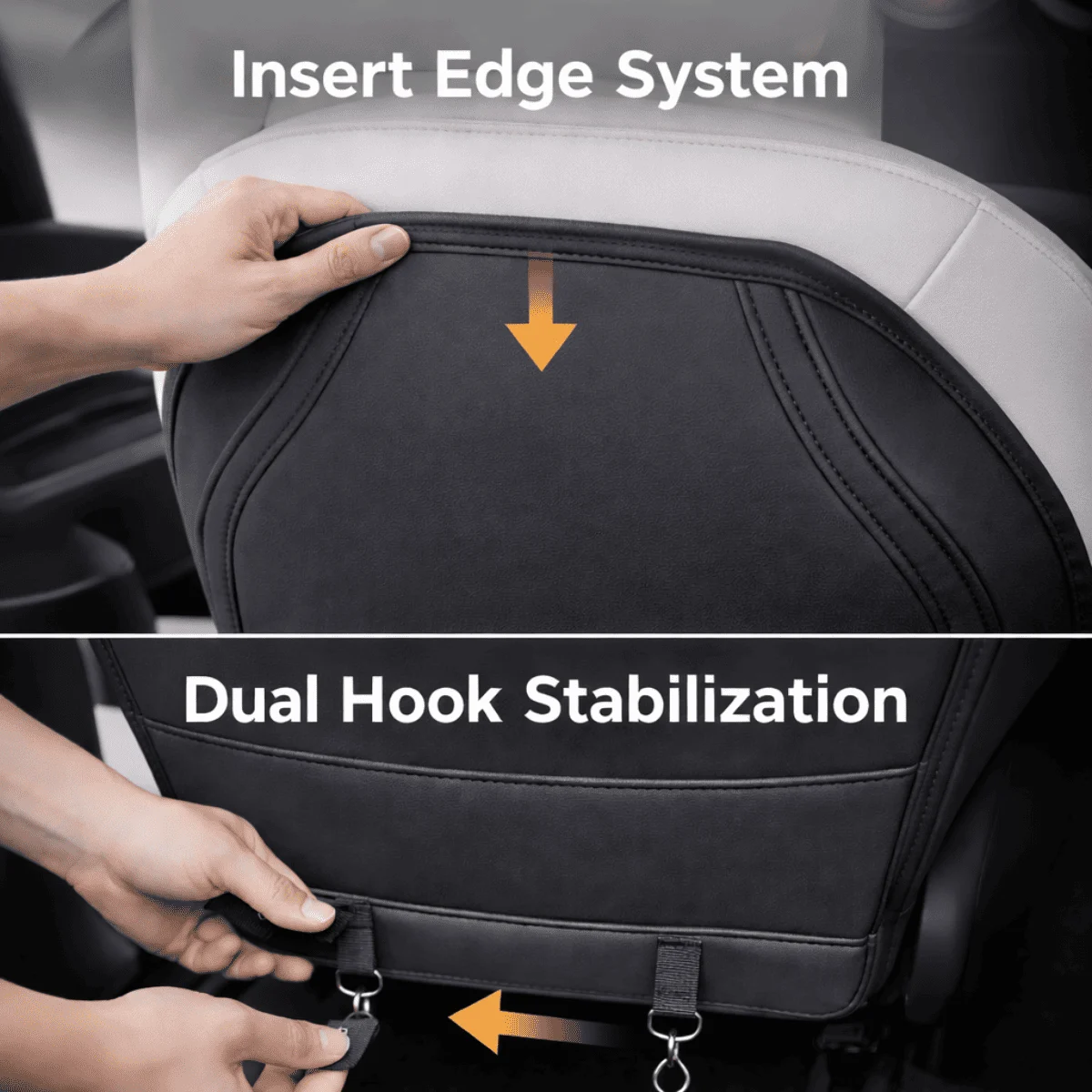Installing Tesla Model Y seat back protector using insert edge system and dual hook stabilization