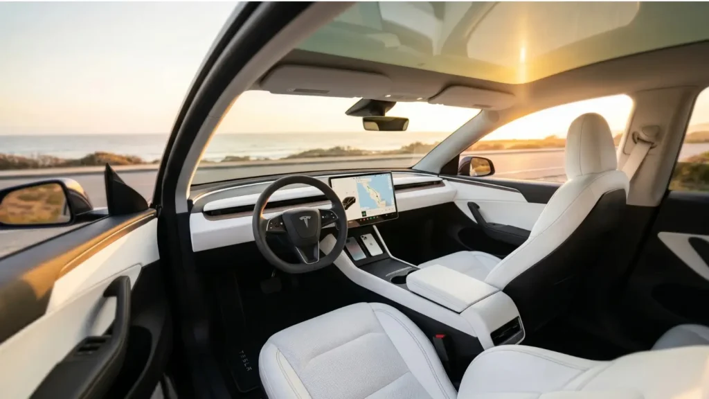 Tesla Model Y Juniper 2026 interior showing redesigned front seats and dashboard.
