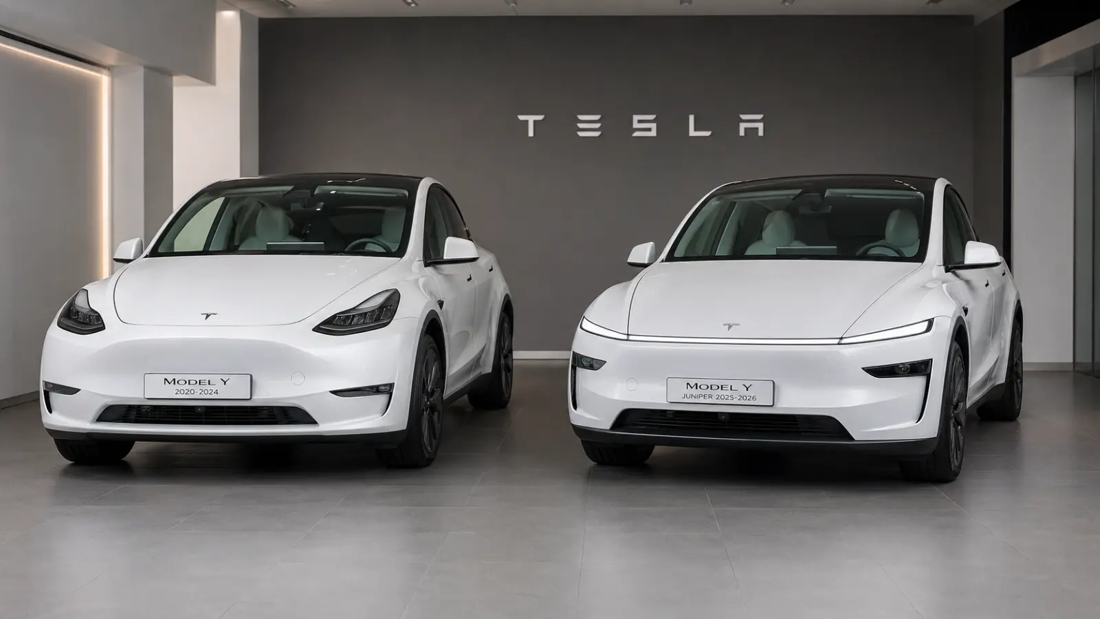 2020-2024 Tesla Model Y compared with 2025-2026 Model Y Juniper exterior front view