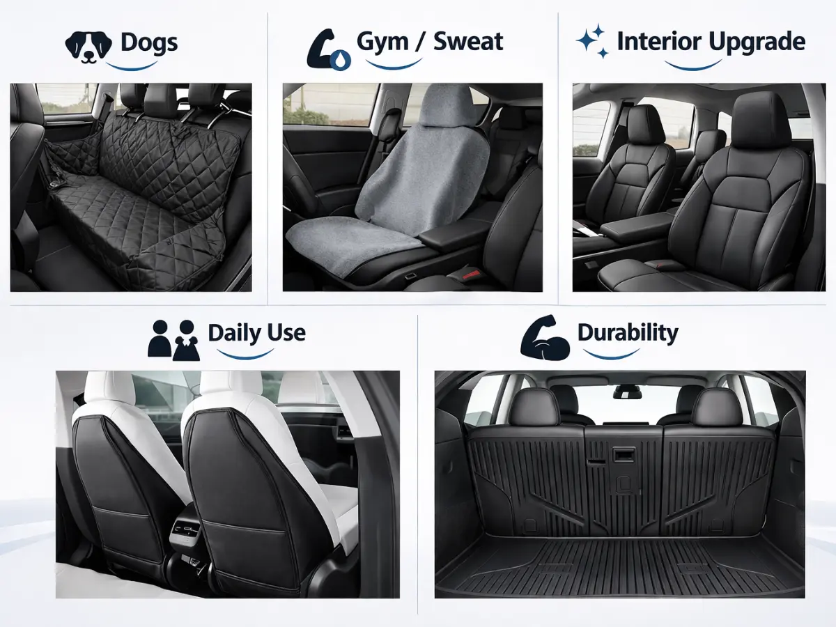 Tesla Model Y seat cover selection guide infographic.