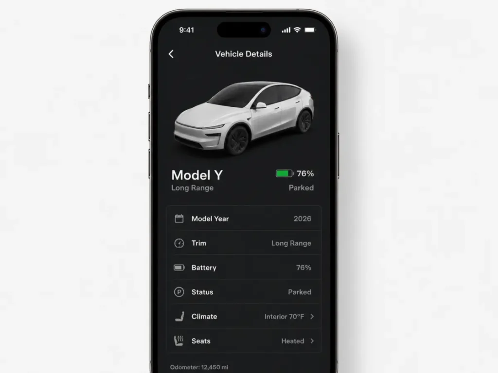 Tesla Model Y 2026 Long Range details screen mobile app