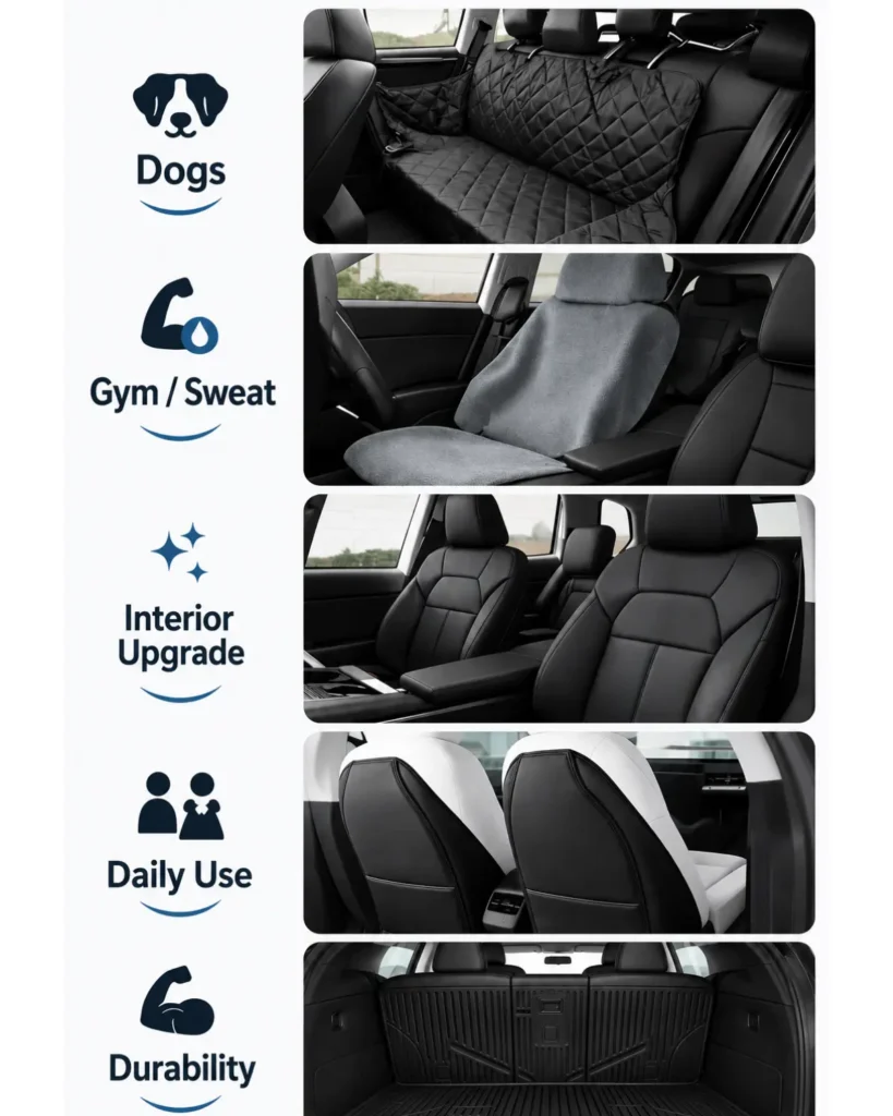 Tesla Model Y juniper seat cover selection guide infographic.